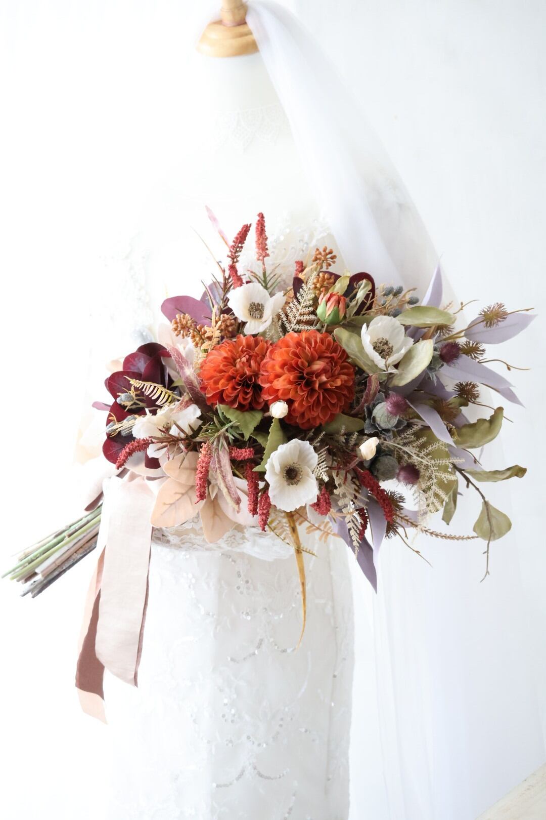 ダークオレンジ ベージュ ブラウン ポピー ダリア ウェディングブーケ