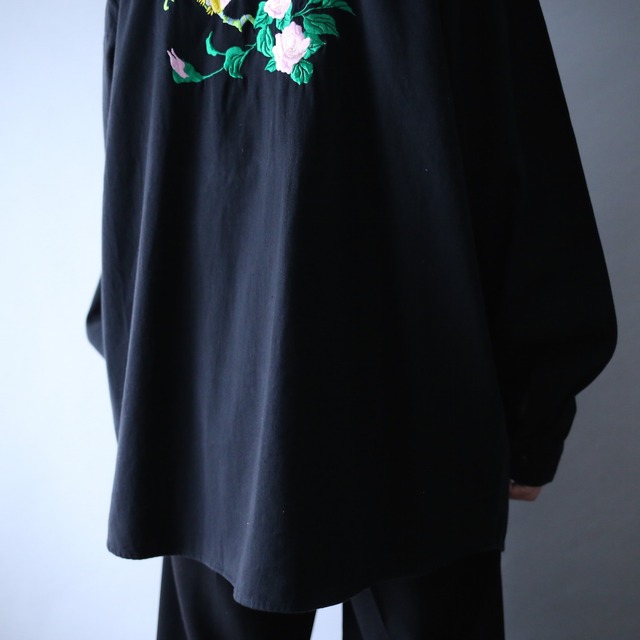 "刺繍" 鳥×花 front and back design black mode shirt