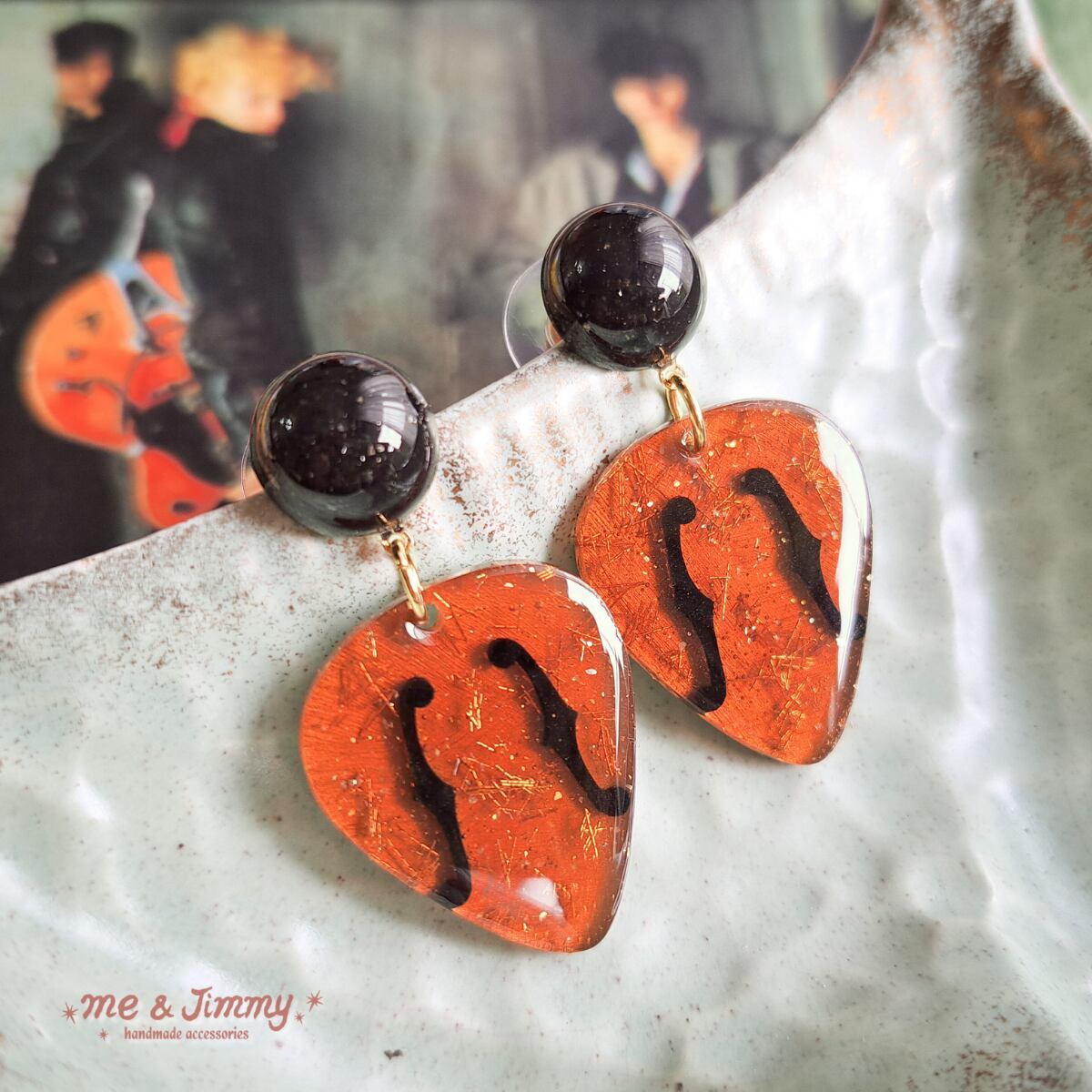 SOLD◆ハンドメイド ガラスピアス ブルー&オレンジレトロ 再販 一粒シリーズ セブ島の海の色 ブルー&オレンジガラス ゴールド