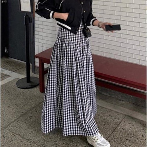 ロングスカート レディース マキシ丈 ロング丈 スカート ハイウエスト ウエストゴム 無地 チェック柄 ボトムス 体型カバー 秋 冬
