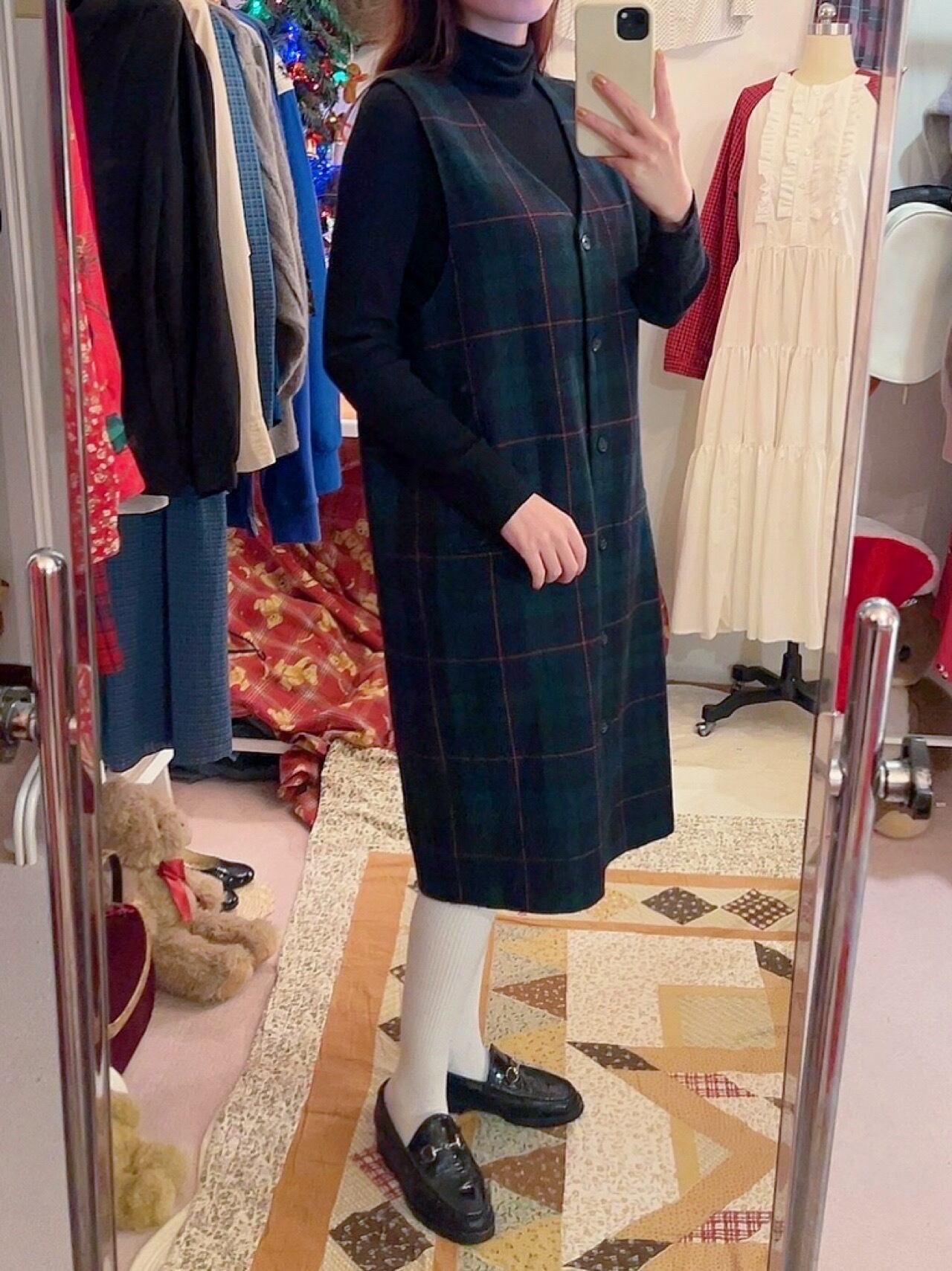 green chek front button jumper skirt