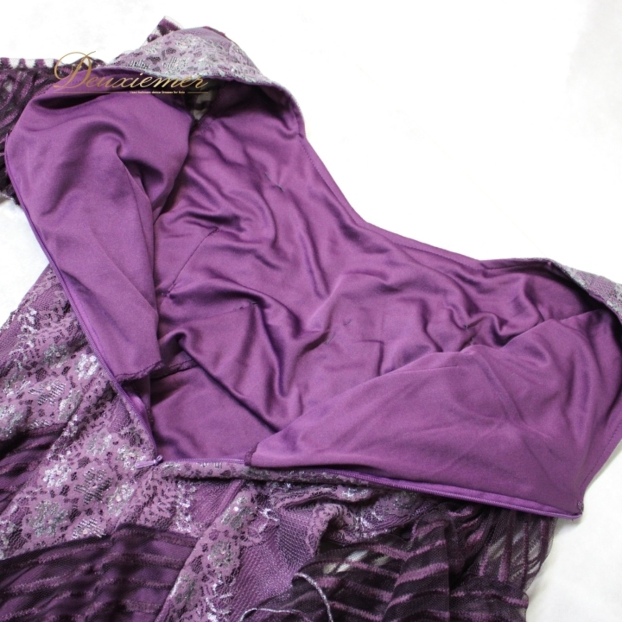 社交ダンス 衣装 スタンダード ドレス ワンピース パーティドレス オールシーズン solo 紫 パープル系 発表会 レース リボン シルバー系 ボリューム スカート 優雅 ミステリアス 深い色合い 上品 伸縮性 シンプル エレガント カジュアル フォーマル ダンス用品 発表会衣装 パーティー パフォーマンス 配色 配達 セット 着心地