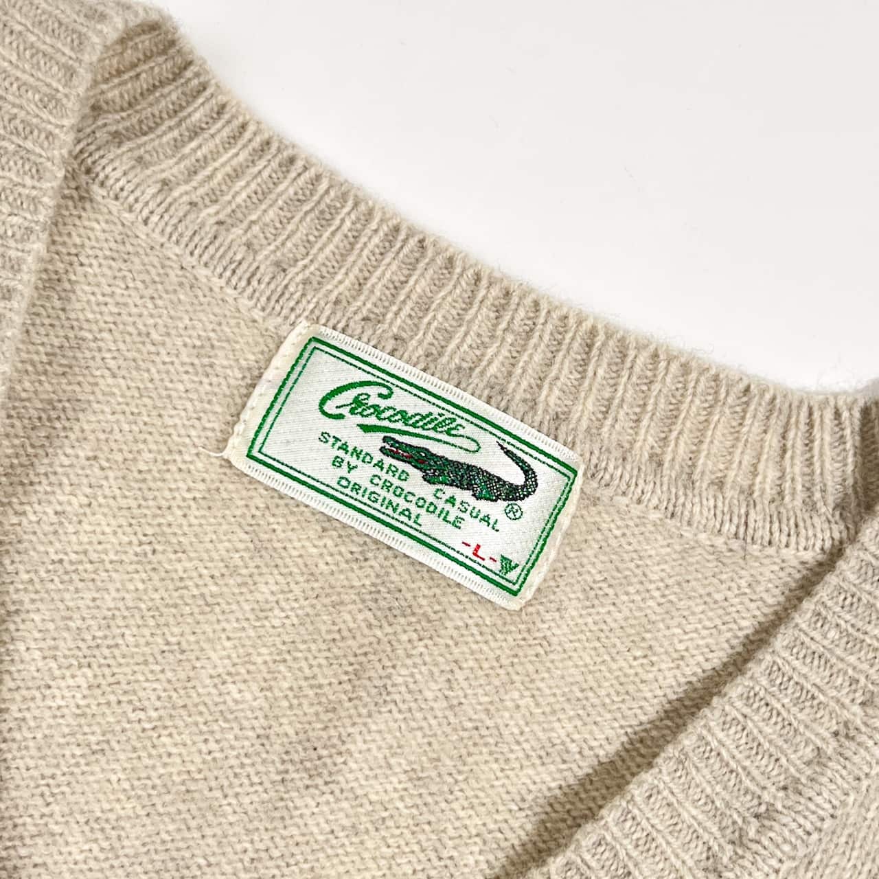 Crocodile クロコダイル ワンポイント刺繍 Vネック ウール ニットベスト L/ライトグレー ベージュ系 メンズ