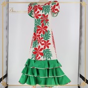 フラダンス 衣装 ワンピース ドレス グリーン系 パフスリーブ フリル ティアレ柄 ラウアエ柄 かわいい 鮮やか 華やか 明るい レッド系 ハワイアン アロハ ハワイアンプリント フラ ダンス 練習 レッスン ホワイト系 レディース