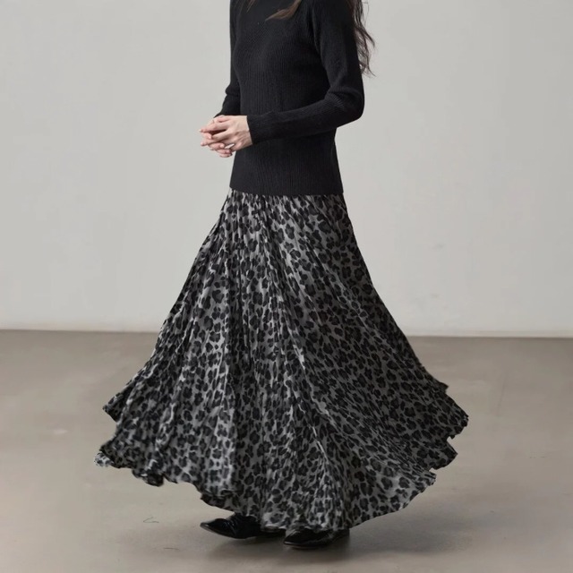 Leopard pleated long skirt C1351