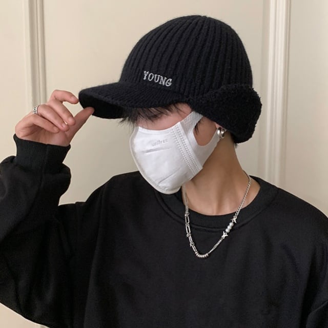 予約販売】ニット帽 キャップ メンズ ブラック 黒 耳当て ストリート