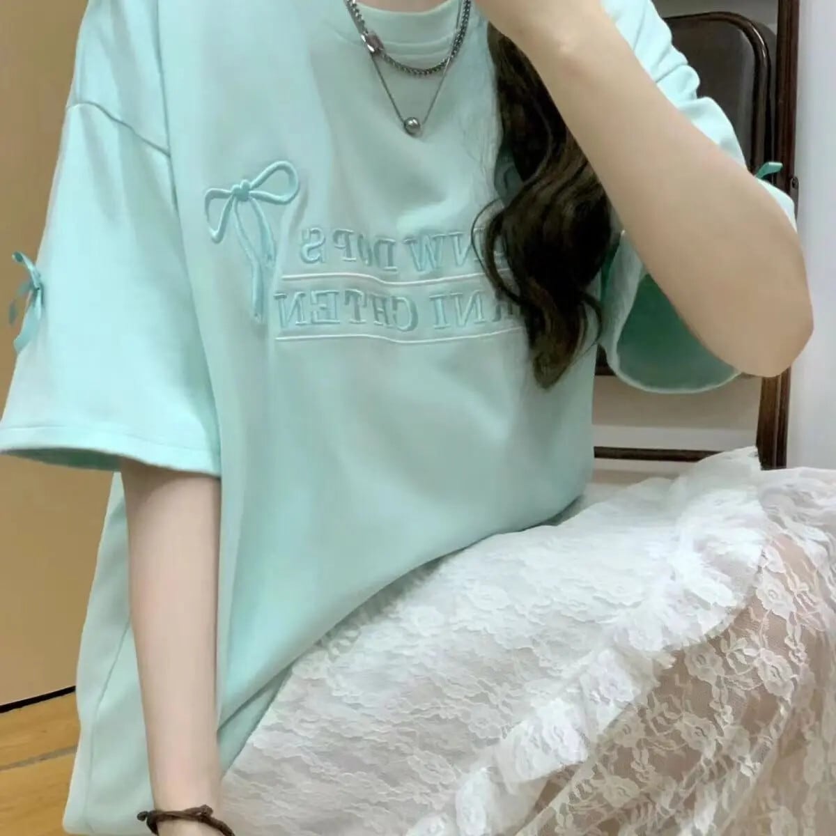 レターボウ刺繍 Tシャツ女性の夏ルース怠惰なミントグリーン Tシャツ