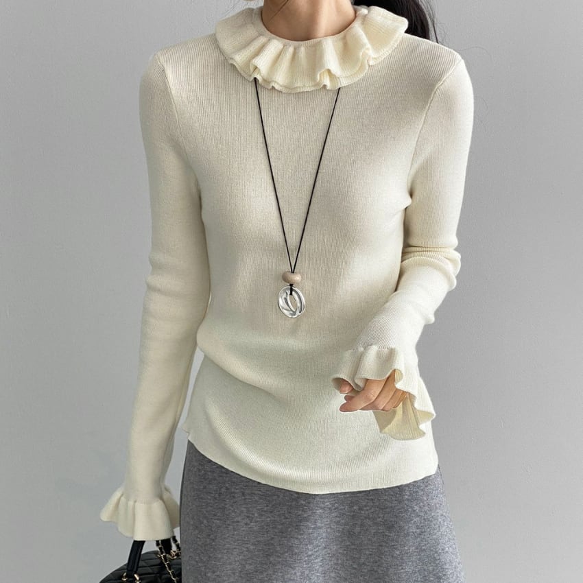 frill-neck knit top　J00319