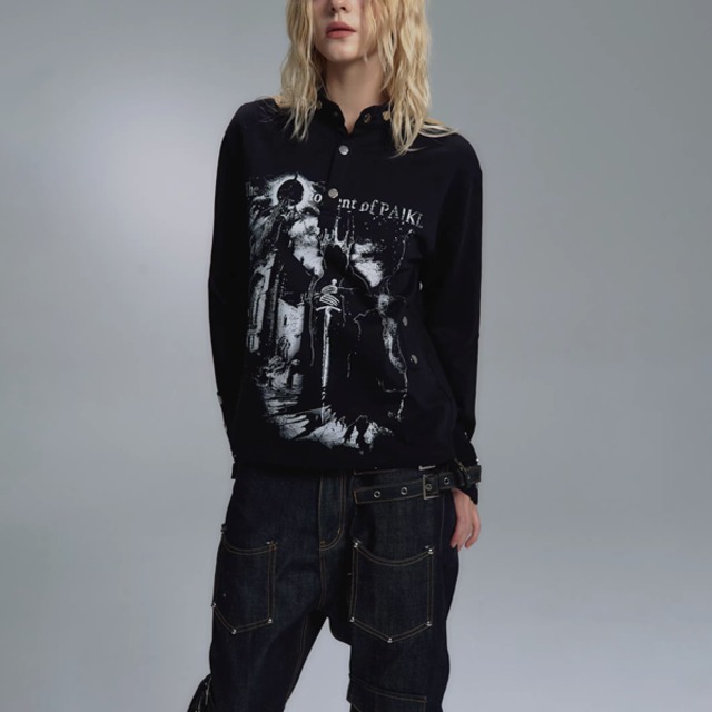 ブラックダークキャッスルナイトプリントスタッズネックトップス（ruf_02826）