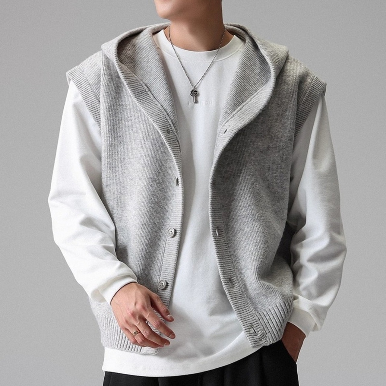 Hooded Button Front Knit Sleeveless Vest ◇2color H0918