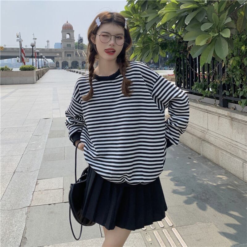 ブラックホワイトストライプセーター レディースオータムルーズ薄手リボンシャツ ロング 秋物 YY-ファッション85034612986