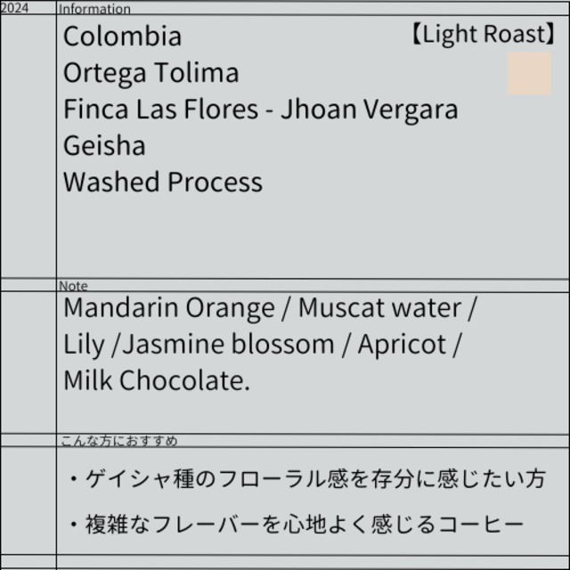 Colombia - Finca Las Flores/Washed/Geisha/Light