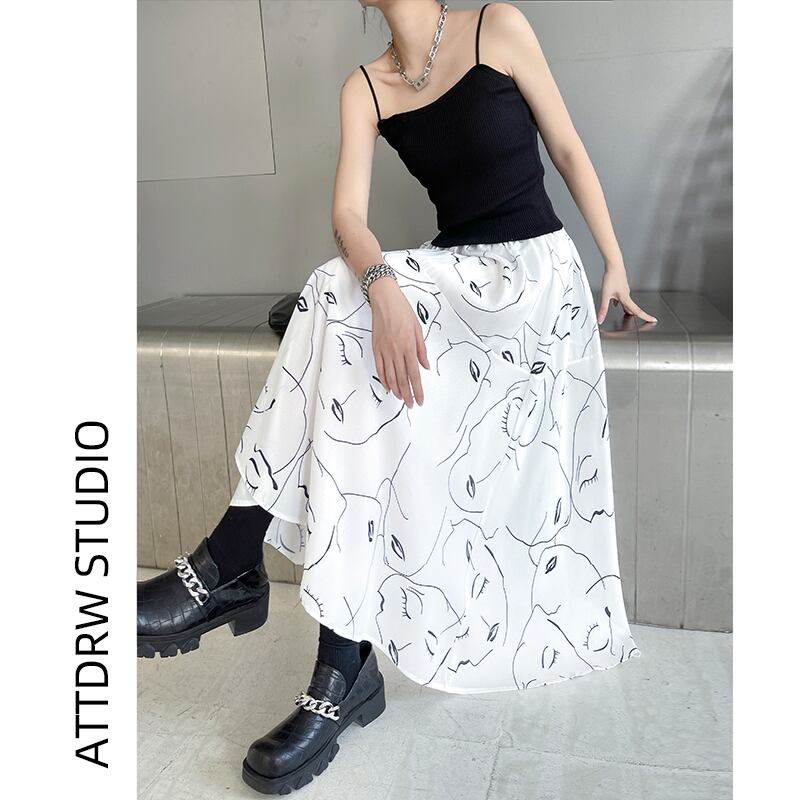 ホワイトスカート サマーハイウェストスリムプリントAラインロング 夏物 ラブタオタオダレンハウス54414300376