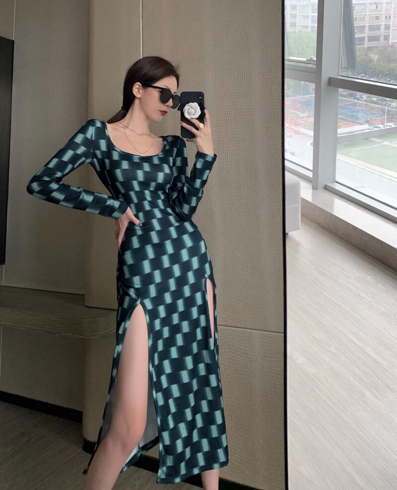 格子柄ドレス スリットハイウェストウェストスカート スプリングサマースリム 春物 夏物 スクウェア ブラックストロベリース27695623682