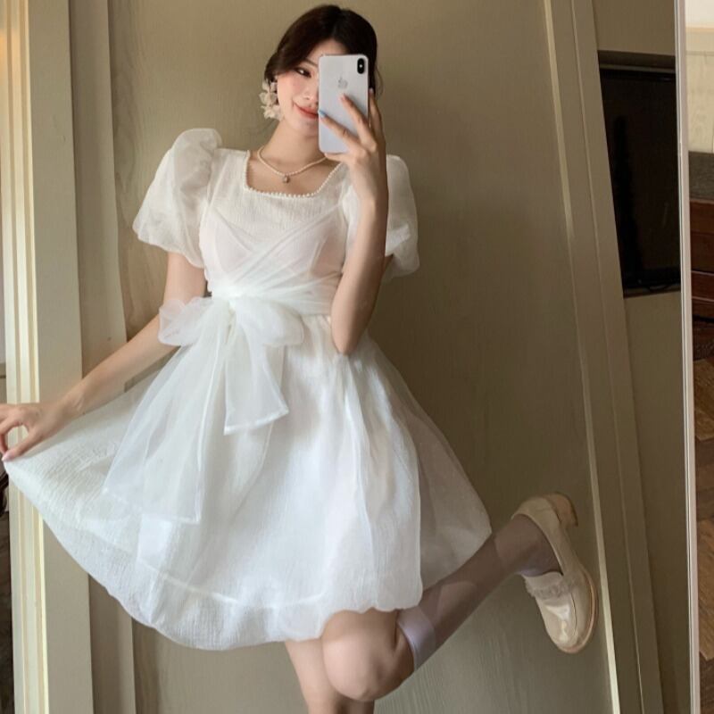 ショートスカート スタイルスリーブドレス レディース リボン 大人ガーリー スウィート キュート カジュアル ふわふわ スクウェア ハンチェンe57034779896