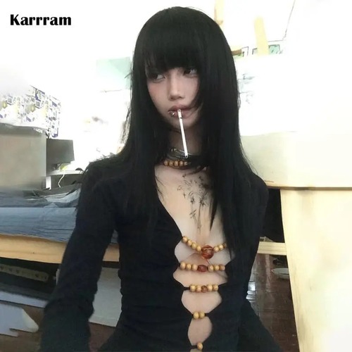 Karram-長袖スリムTシャツ,ヴィンテージ原宿トップス,ビーズ付きハラジュク,日本製,透かし彫り,2000秒,パンアメリカ,レトロ T240926052523_01
