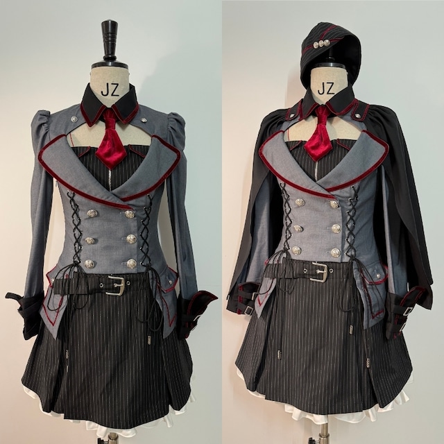 ミリタリーロリィタ ダブルボタン軍服風ロリータフェイクツーピースワンピ ケープ付き