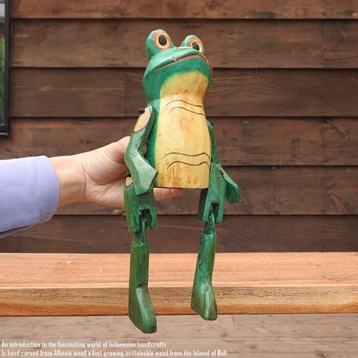お座り カエルさん 黄色 Sサイズ 手足が動かせる木彫りの動物