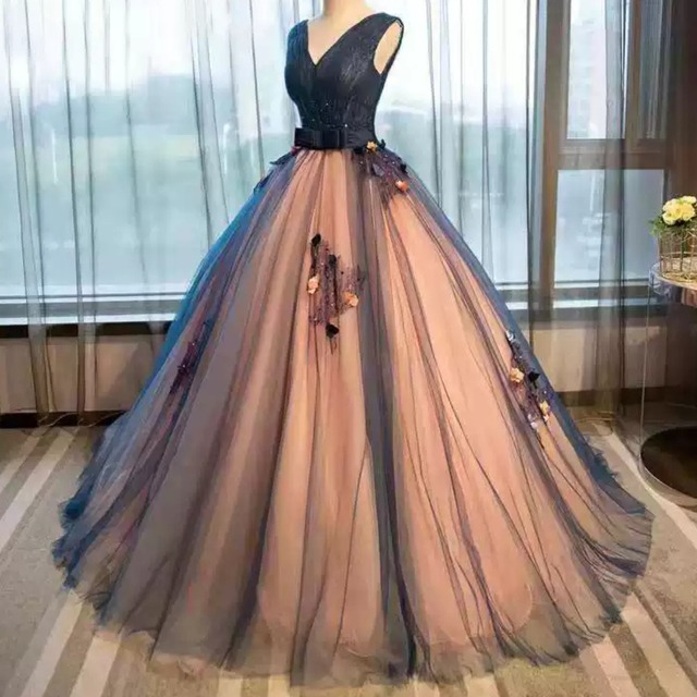 ボートネック刺繍ウエストリボンチュールドレス CL0179