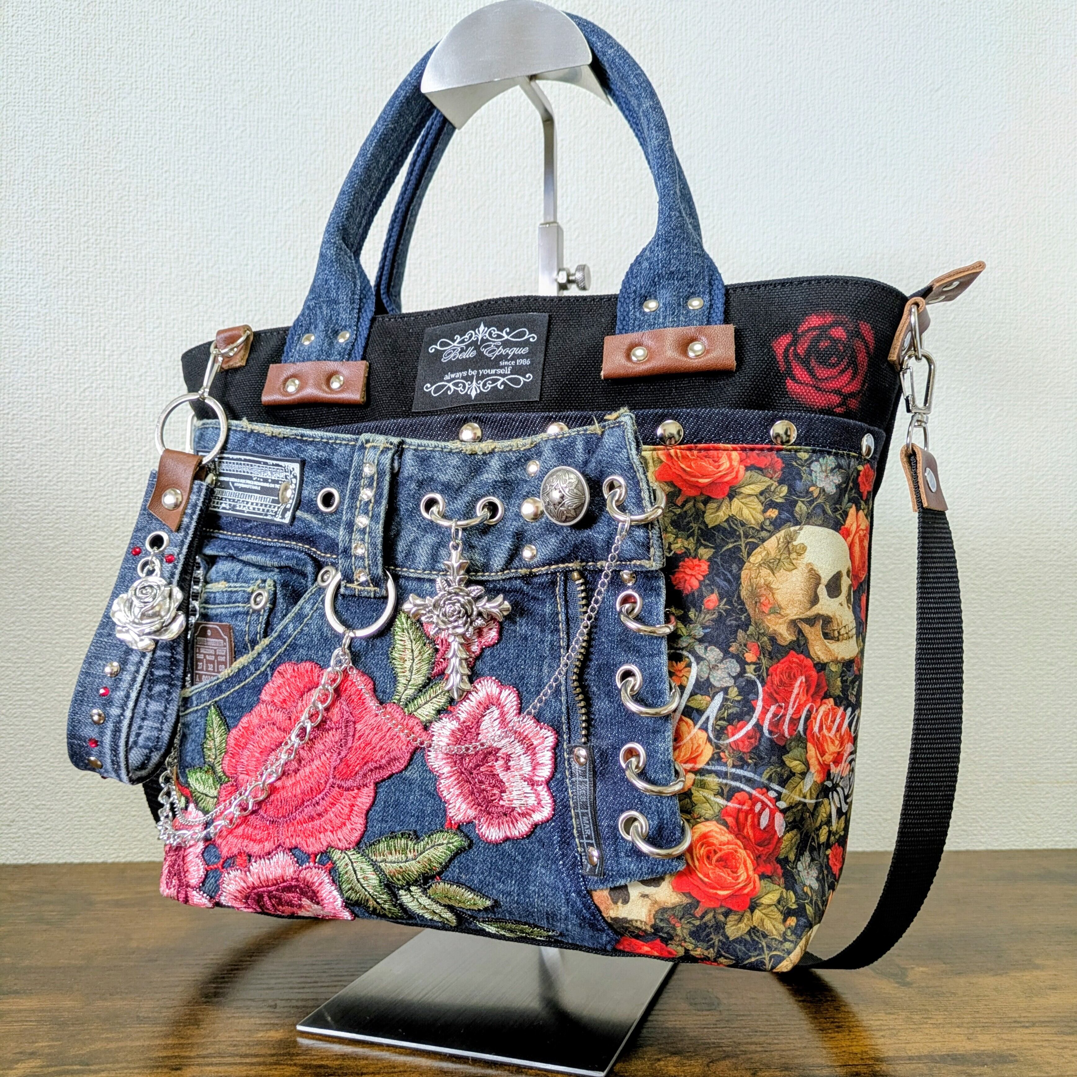 一点物 デニムリメイク2wayバッグ 薔薇×レースアップ ロック 一点物 デニムリメイク 2wayバッグ ロック＆ゴシック 薔薇 十字架