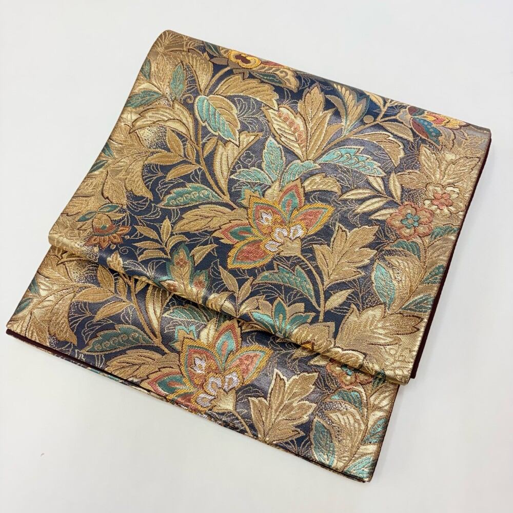 中古 礼装袋帯 正絹 草花 六通柄 ゴールド Aランク 425cm 6065