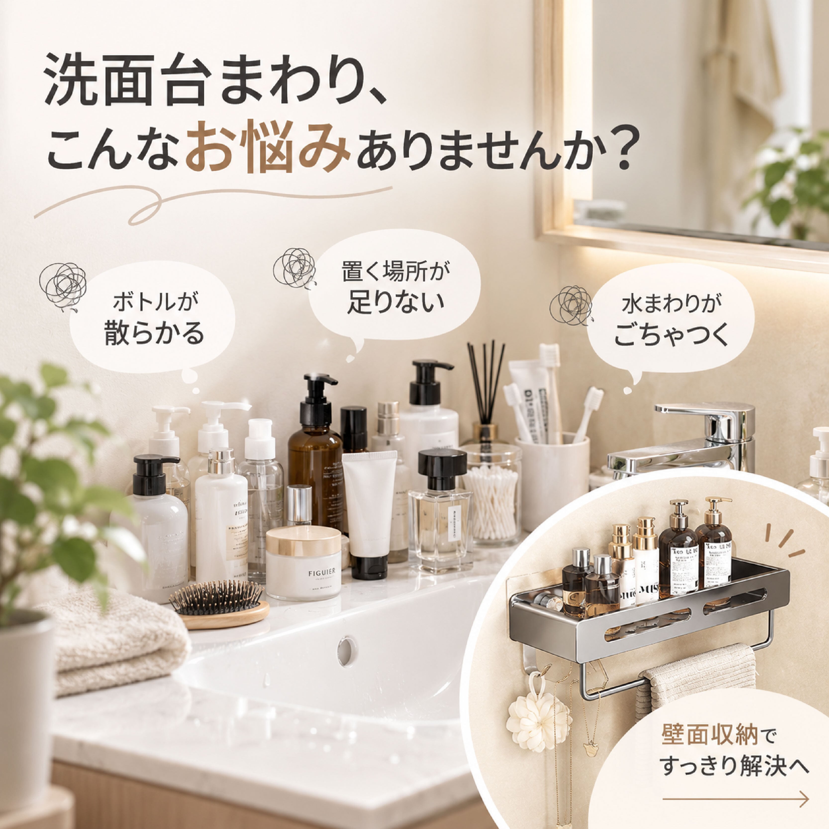 HY 1089 .壁掛け収納ラック 洗面所 バスルーム 収納棚 穴あけ不要