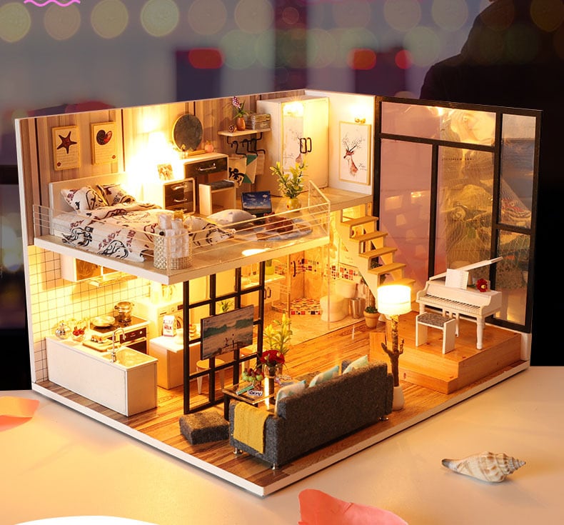 部屋DIYミニチュア・家具ドールハウスキット、防塵カバー&ミュージックムーブメント付ミニ3 D木製ドールハウスクラフトモデル、バレンタインデーお誕生日プ 3Dドールハウスミニチュア家具セットdiy木製ドールハウスキットプラス