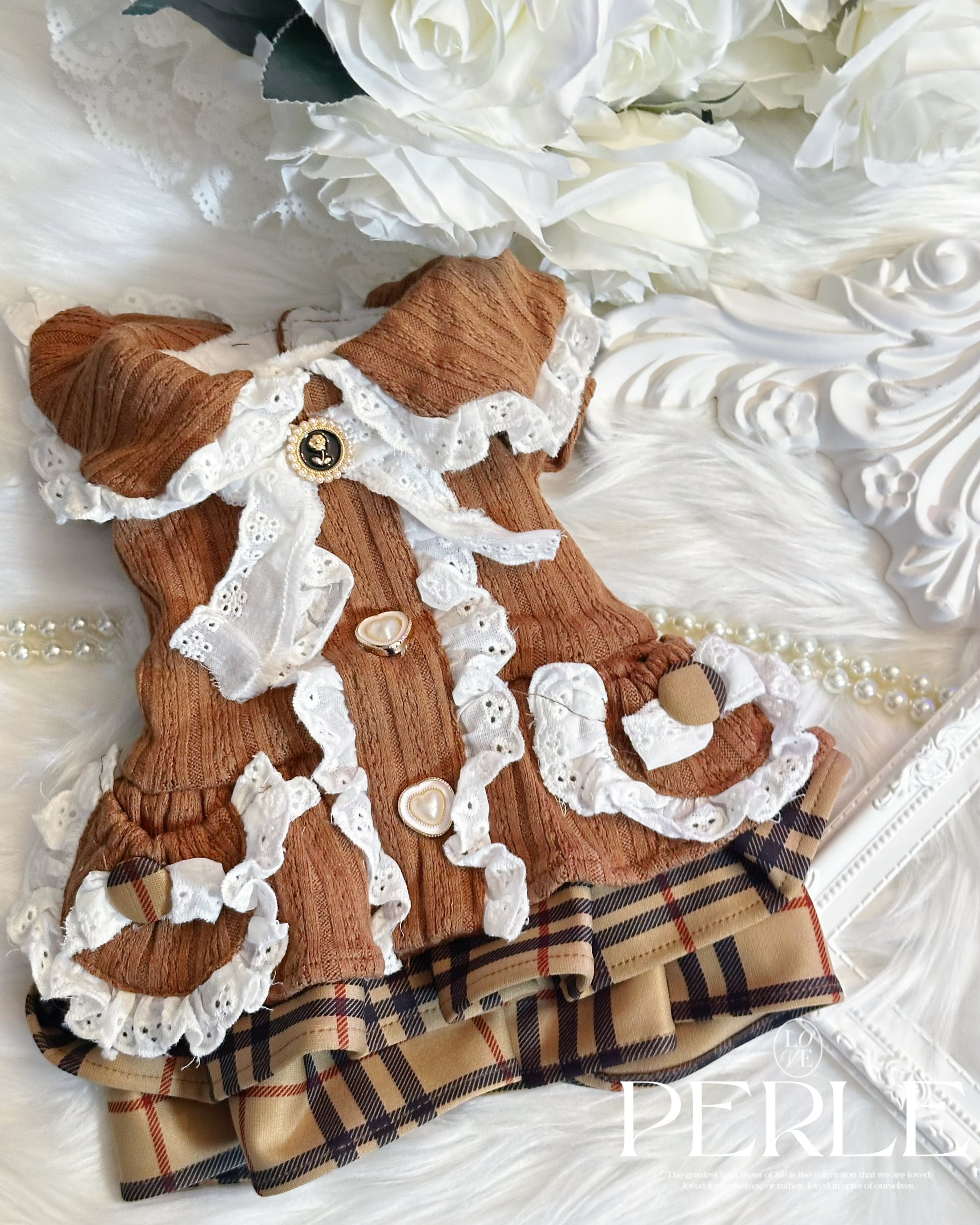 Brown lace check pet dress