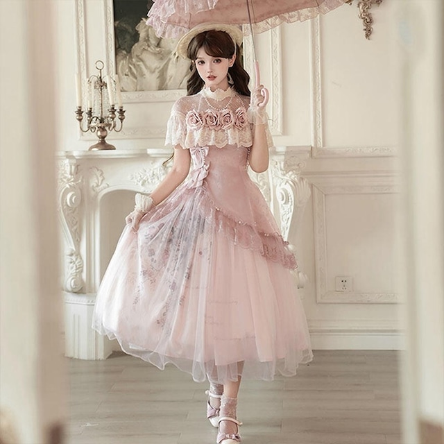 甘ロリ｜薔薇とレースが織りなすブラウス＆花柄ティアードスカートセットアップ｜SEASONZ