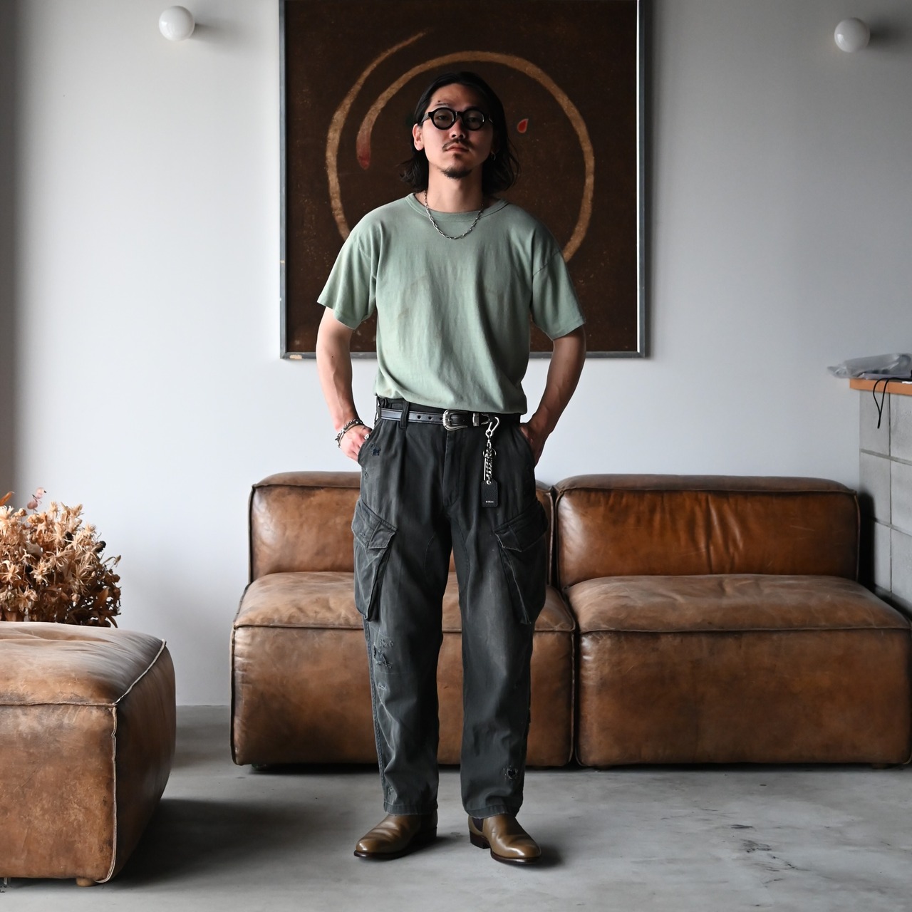 Leh(レー）Embroidery Check Shirts、ANACHRONORM(アナクロノーム）カーゴパンツコーディネート