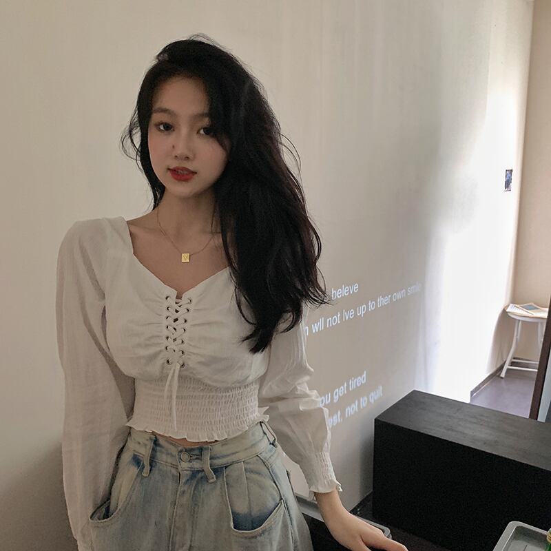 フレンチニッチコレクションウエストスリムホワイト長袖シャツトップレディース2020秋新作パフスリーブショートシャツ ブラックストロベリース8358299572