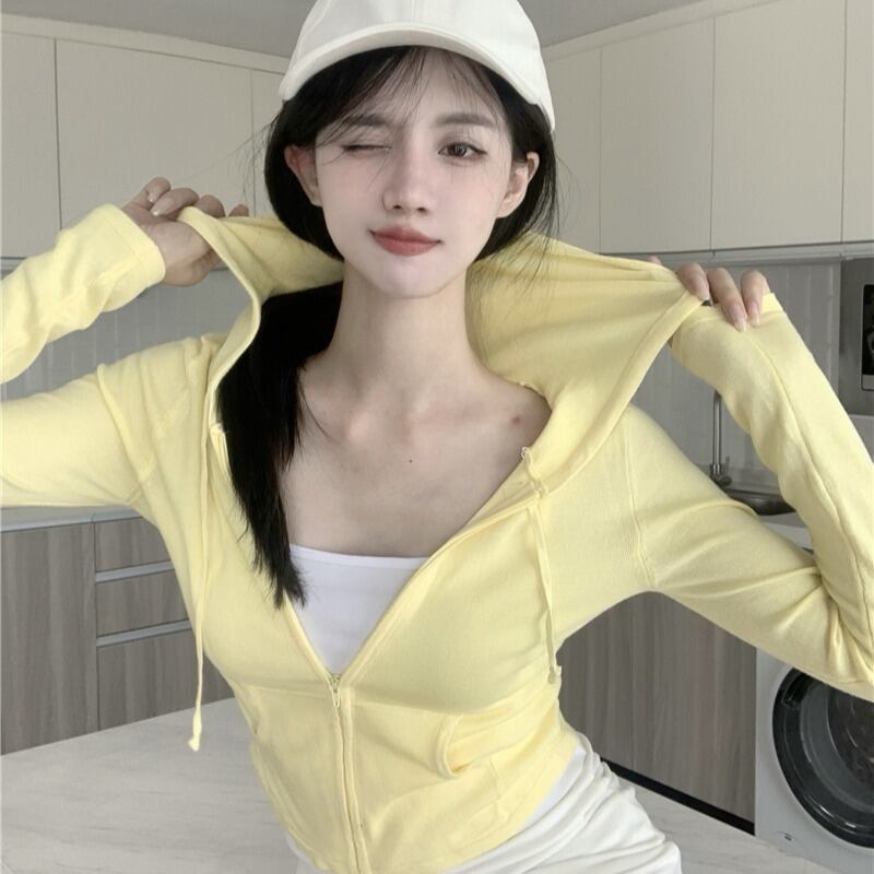 フードジャケット ショートイエロージッパーカーディガンオータム ロング 秋物 YY-ファッション83673998674