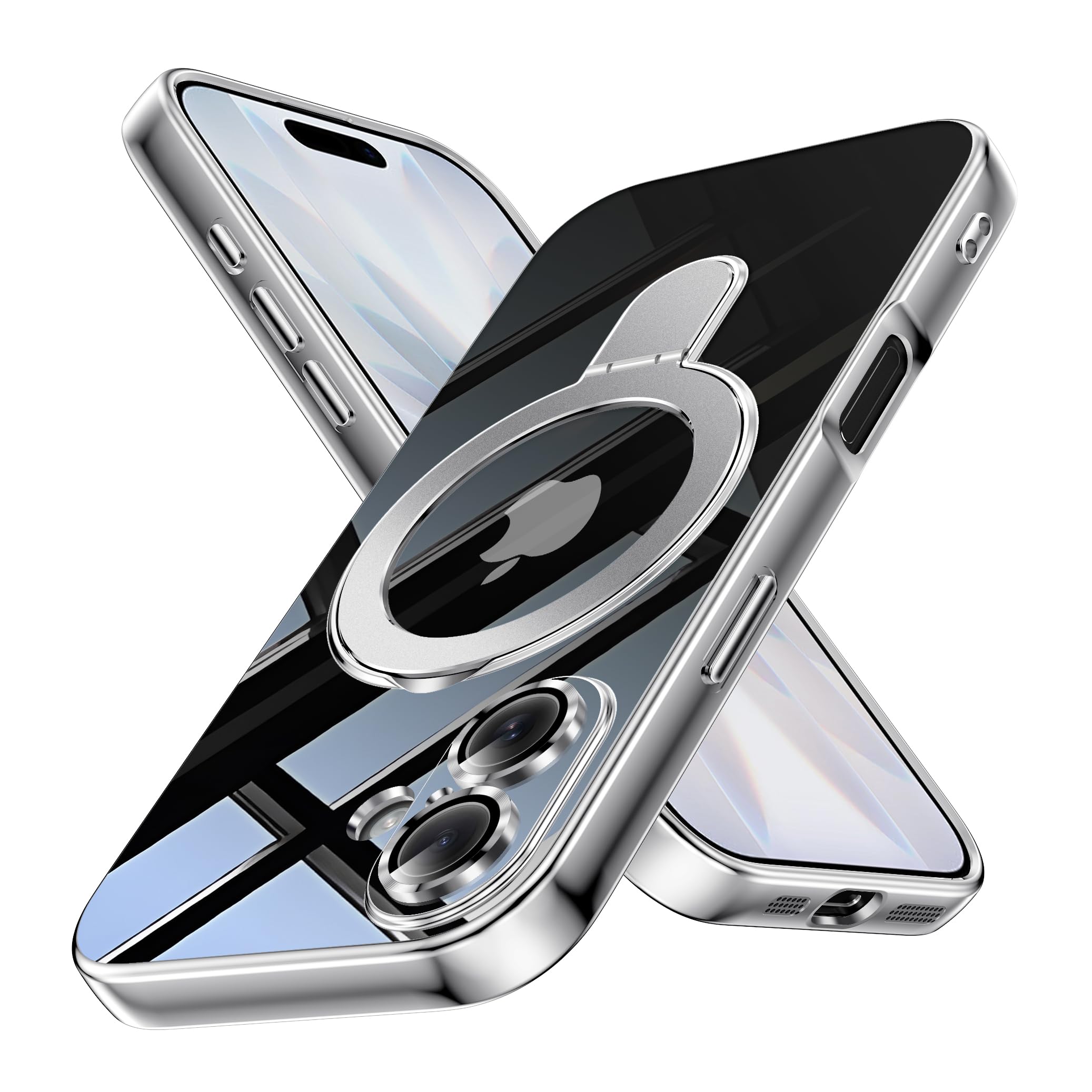CMYFPOFL 対応 iPhone 17 用の ケース 強力マグネット スタンド機能付き 耐衝撃 magnetic 背面クリア TPU 銀