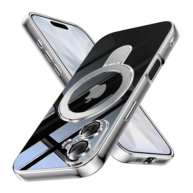 CMYFPOFL 対応 iPhone 17 用の ケース 強力マグネット スタンド機能付き 耐衝撃 magnetic 背面クリア TPU 銀