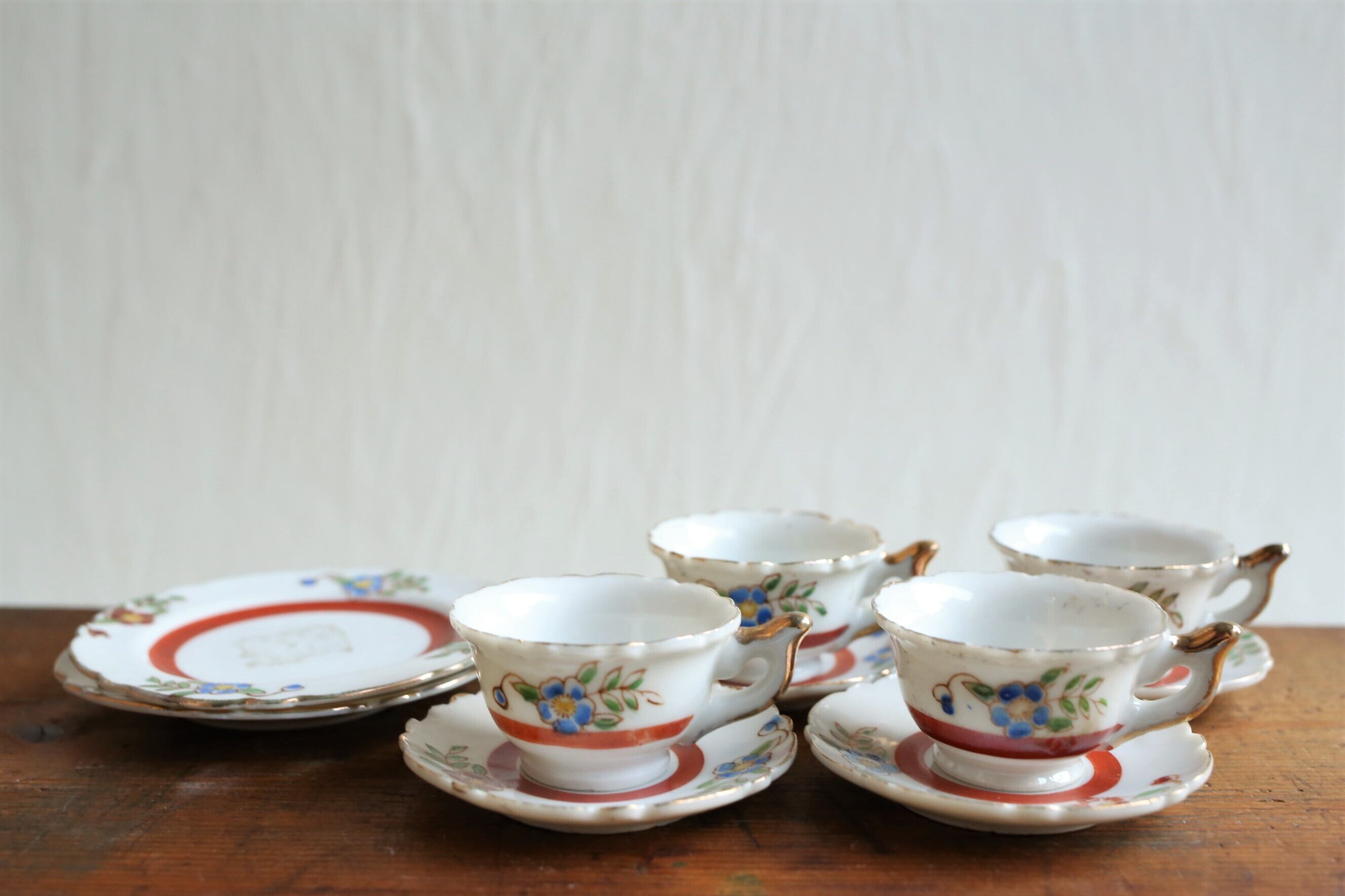 フランス アンティーク ヴィンテージ ドール dinette ままごと用 カップ&ソーサー+プレートセット(レッド) N-02959r