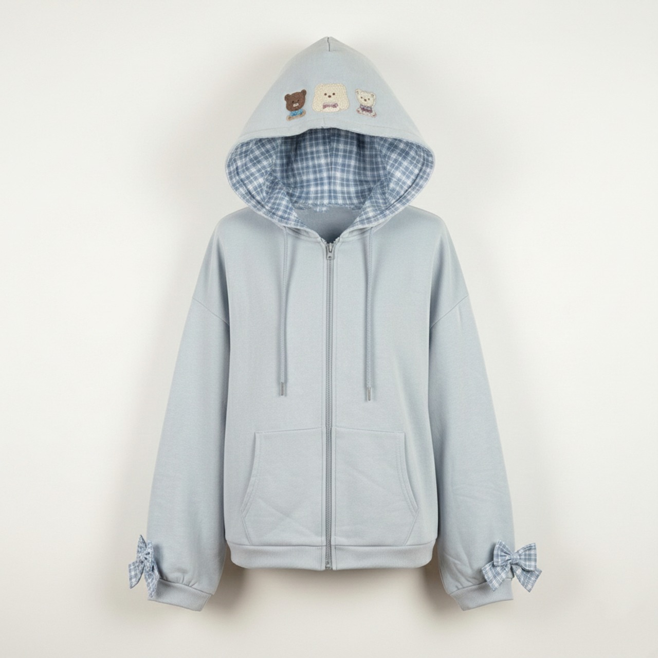 【Mekooo×HiHeyHooo!!!】チェック使い 袖リボン 裏毛パーカー - 1