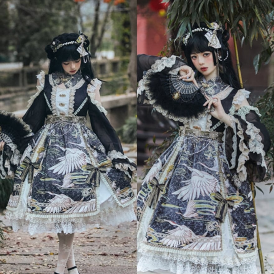 和ゴシック ドレス 鶴柄×姫袖×豪華フリル 赤×黒 中国風｜WithU