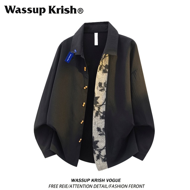 【WSシリーズ】★チャイナ風トップス★ ユニセックス 2color シャツ 花柄 半袖 切り替え 水墨柄 切り替え