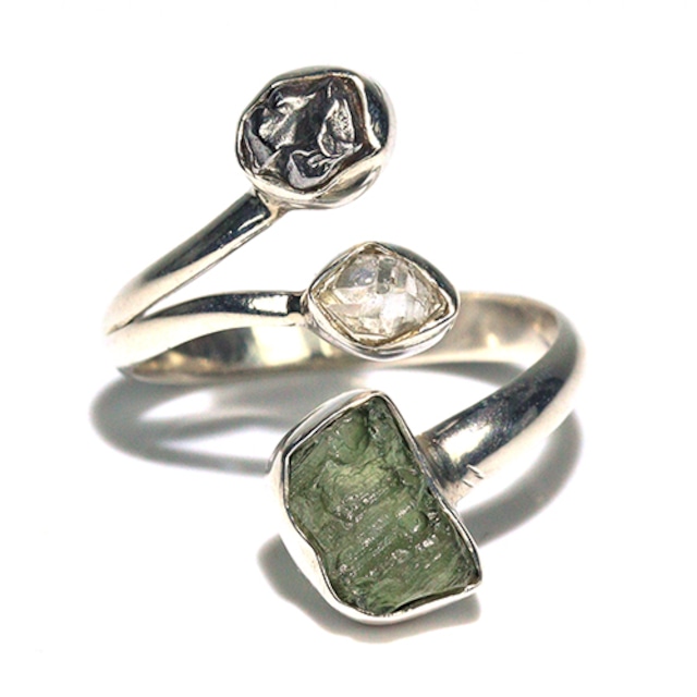 〔R469-10〕天然モルダバイト 鉄隕石 ハーキマーダイヤモンド sv925 リング 指輪 サイズフリー meteorite