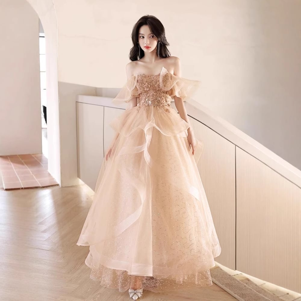 ロングドレス キャバドレス パーティードレス チュール フレンチムード オフショルダー シャンパンカラー ステージ映え バースデー パーティー エンゲージメント JC2-ASNE201