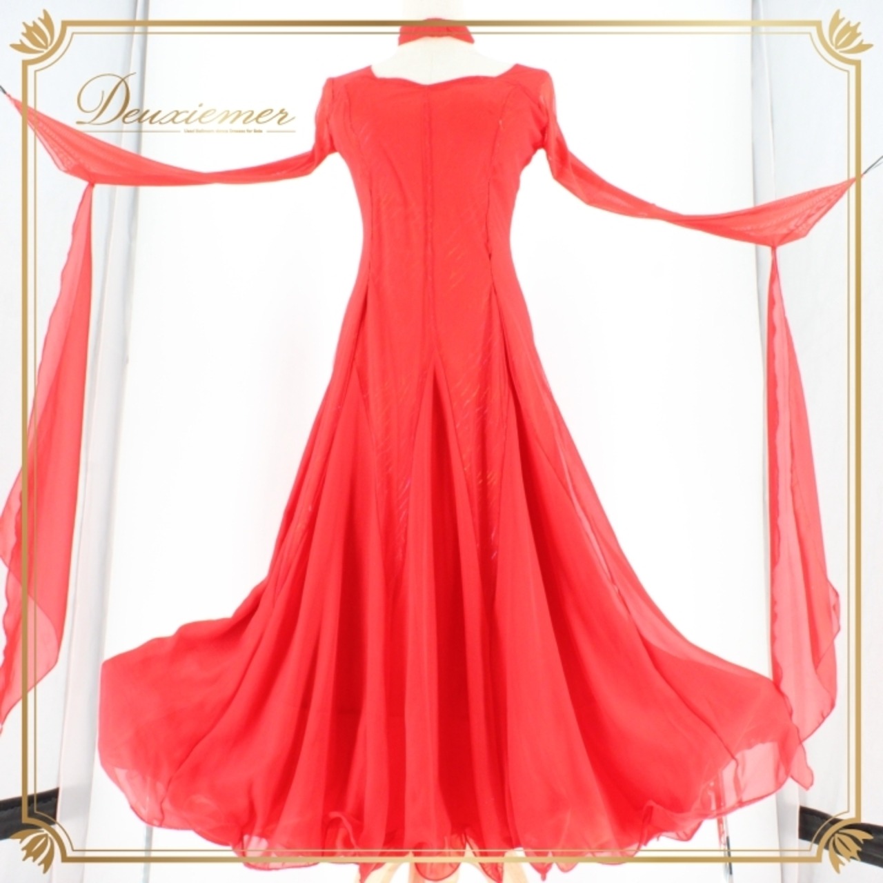 社交ダンス 衣装 スタンダード ドレス ワンピース パーティドレス レッド系 赤 チョーカー prima boutique プリマブティック フロート 長袖 社交ダンスドレス フロート付き ドレスワンピース パーティ用 ドレス 赤色 伸縮性 大人用 フリル デザイン 体型カバー おしゃれ イベント用 モダンダンス用 女性用 ダンス衣装 競技用ドレス 格安 ドレスアップ 着心地抜群