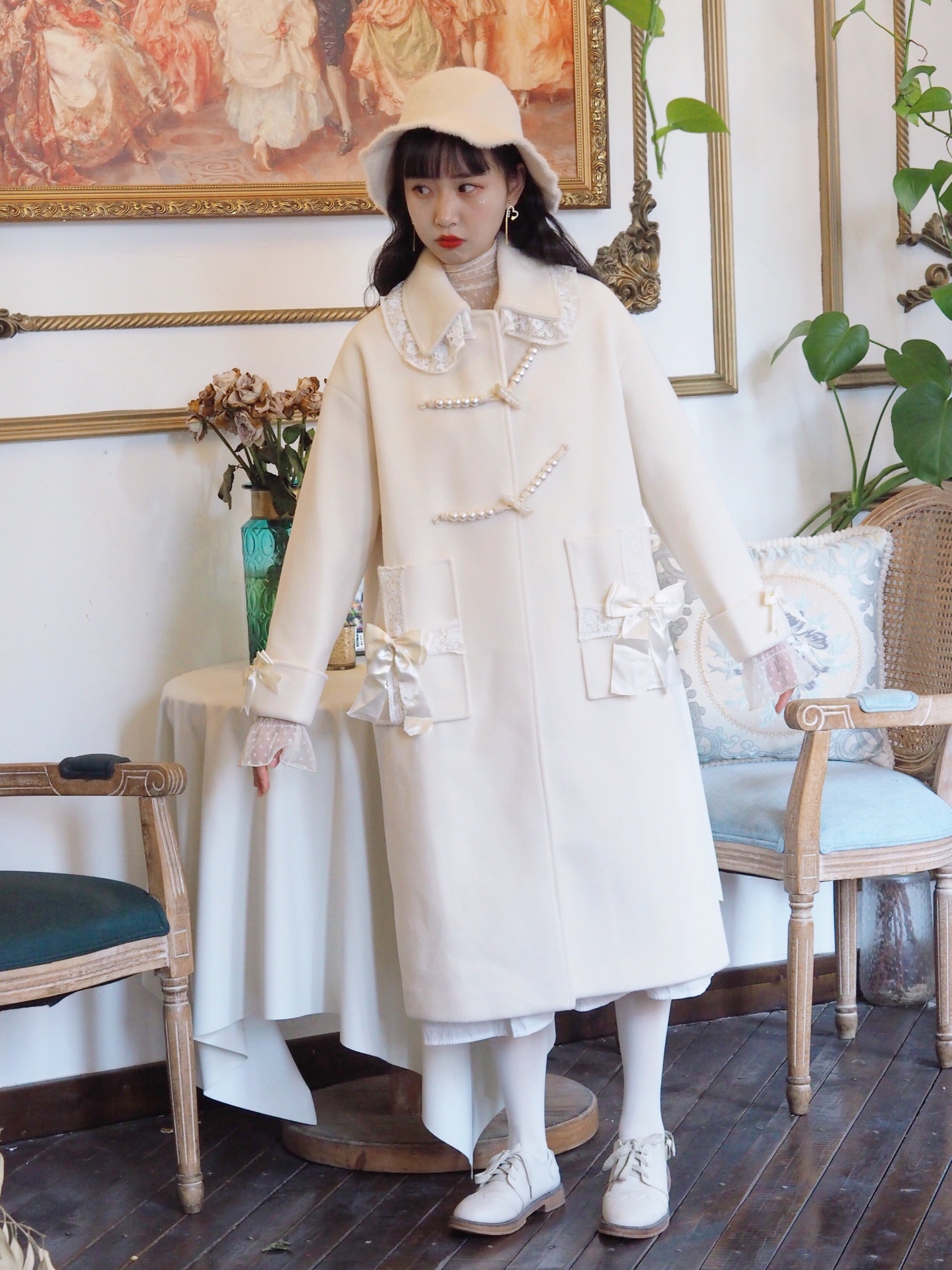 コート 白 ホワイト デコレーション パール リボン 黄色 姫 ガーリー