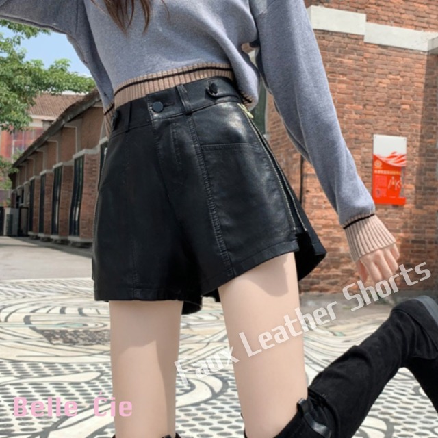 ショートパンツ レディース パンツ フェイクレザー キュロット 合皮 黒 サイドジップ ジップ かっ
