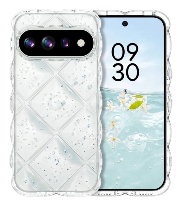GUAGUA Google Pixel 11 ケース クリア ウェーブ きらきら 菱形バック ピクセル 11/11 Proカバー