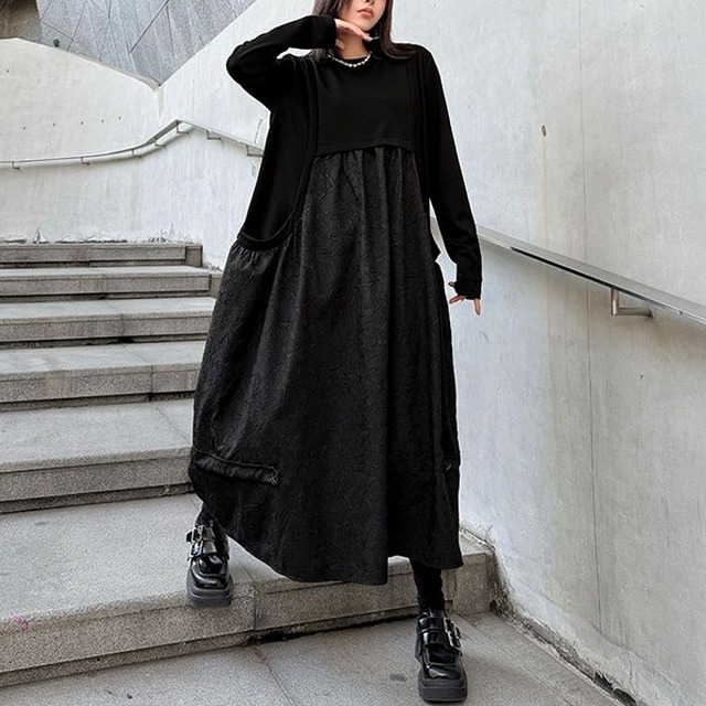 BLACK FAKE-2-PIECE STITCH A-LINE LONG DESIGN DRESS 1color M-15525