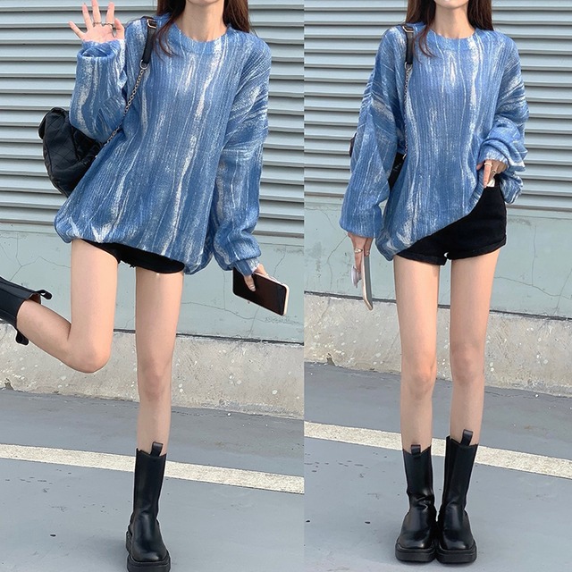 スタイルルーズラウンドネックTシャツ 薄手セーター オータムトップス ロング 大人ガーリー スウィート キュート カジュアル 秋物 Oネック 萌量不足73503378433