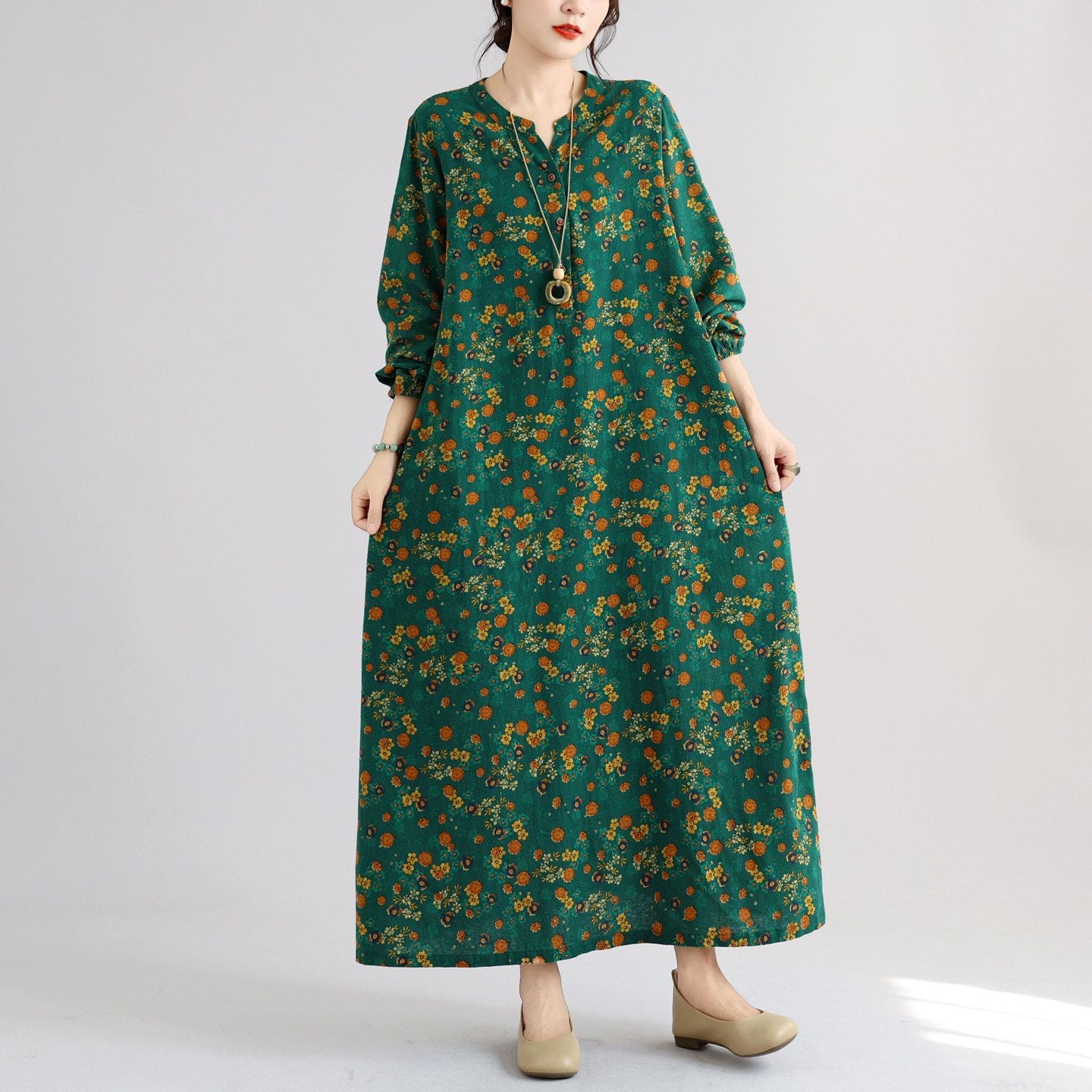 FLORAL PRINT LONG SLEEVES RELAXED A-LINE DRESS M-18236
