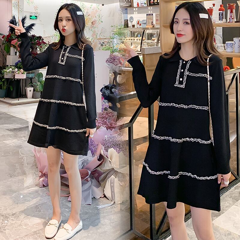 【新作】【送料無料】 マタニティウェア2019秋バージョン新しいファッションラペルミドル丈ニットAラインマタニティドレスは母乳で育てることができます-アリババ オータム 秋物 expec257393787477