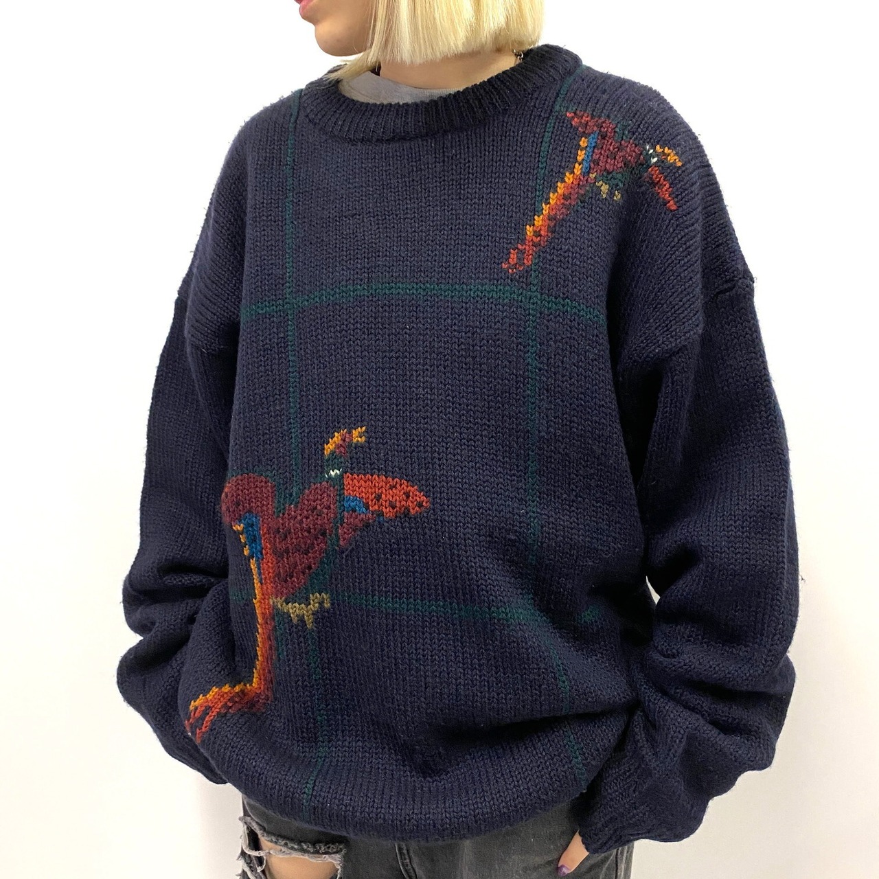 90年代 NAUTICA ノーティカ 鳥 アニマル柄 ウールニットセーター 