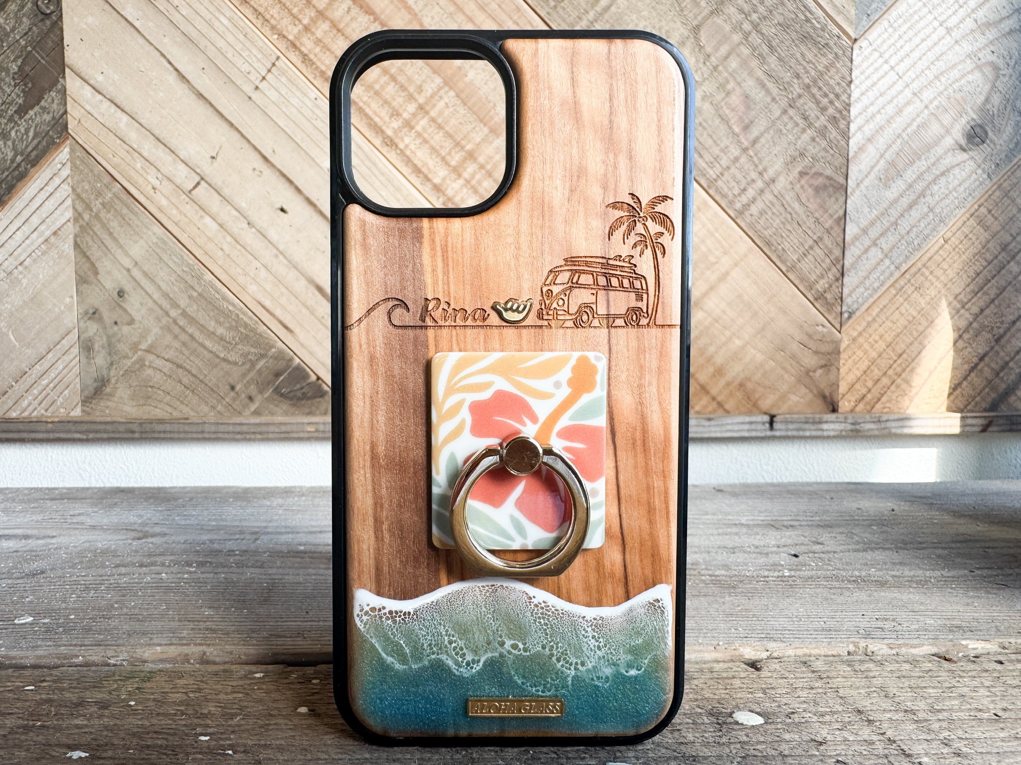 Aloha wagon ring/wood×resin earth blue wave case(olive wood